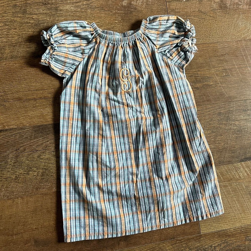 Girls Haley and the Hound Plaid Nightgown 2T Blue Orange Monogram G